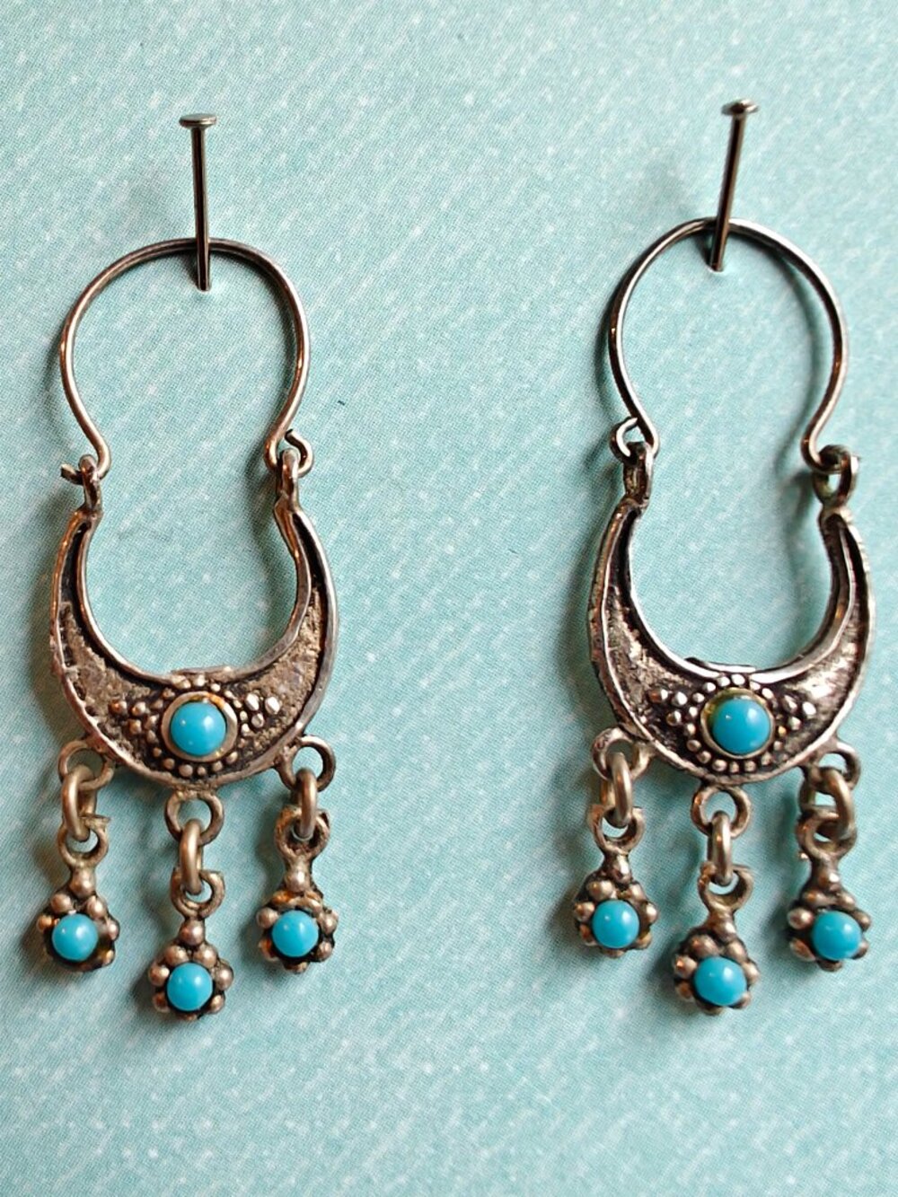 Vintage Boho Silver & Turquoise Filigree Drop Earrings